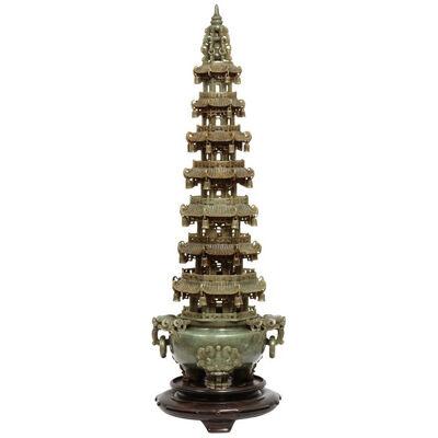 Monumental Chinese Serpentine Jade Carved Pagoda Censer, Early 20th Century
