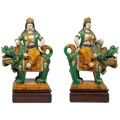 Monumental Pair of Chinese Sancai Glazed Pottery Figures of Guan Yin and Lion