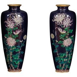 An Exquisite Pair Of Japanese Cloisonné Enamel Vases with Chrysanthemum Blossoms