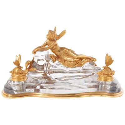 A Rare Art Nouveau French Ormolu and Crystal Inkwell Encrier by Baccarat