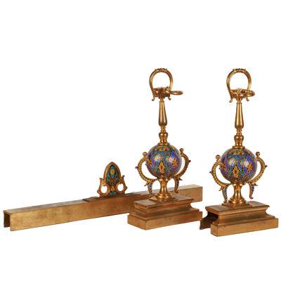 Ferdinand Barbedienne, A Pair of French Ormolu and Champleve Enamel Andirons