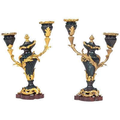 A Rare and Exquisite Pair of Ormolu-Mounted Bloodstone Two-Light Candlesticks