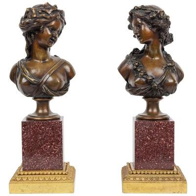 Pair of French Ormolu and Patinated Bronze Figural Busts on Porphyry Bases