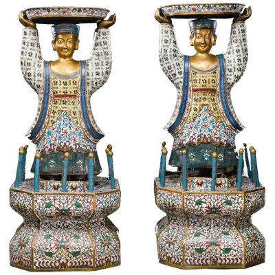 Massive Pair of Chinese Cloisonne Enamel Figures of Attendants, Qing Dynasty