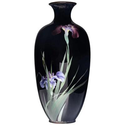 Large Meiji Period Japanese Cloisonne Enamel Vase Adorned with Iris Blossoms