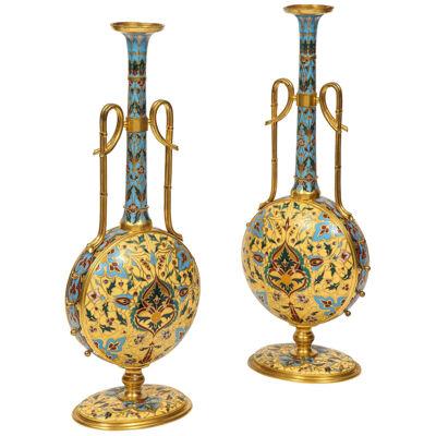 Extremely Rare Pair of Ferdinand Barbedienne Ormolu and Champlevé Enamel Vases