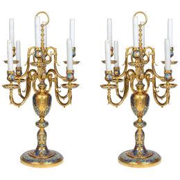 An Exceptional Pair of Champleve Enamel Ormolu Candelabra by Sevin & Barbedienne