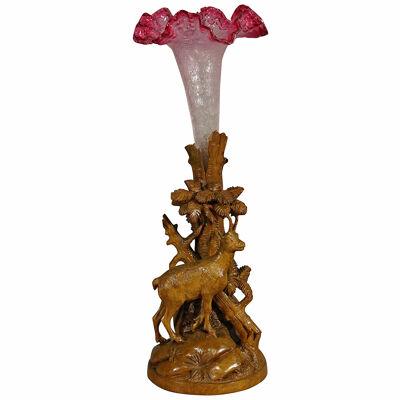 Finely Carved Wood Chamois with Glass Vase, Brienz ca. 1900