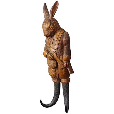 Black Forest Carved Hare Whip Holder or Wall Hook ca. 1900s