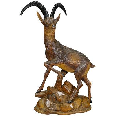 Large Black Forest Woodcarving Ibex Sculpture, Austria ca. 1920