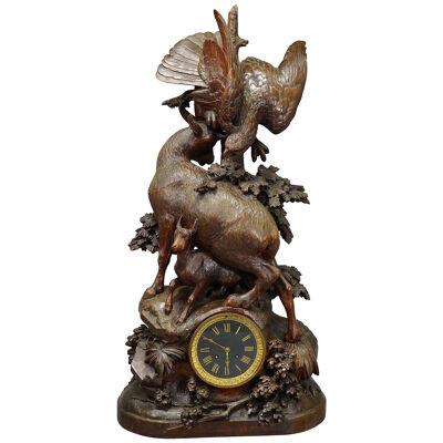 Antique Mantel Clock with Eagle and Chamois Family, ca. 1900 