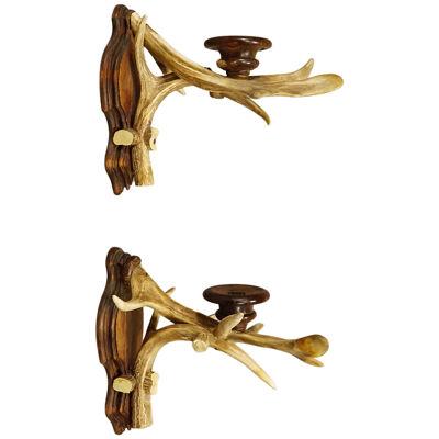 A Pair Black Forest Candle Sconces with Deer Horns, Germany ca. 1920