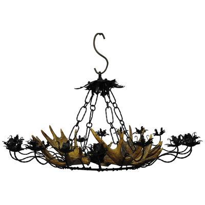 Vintage Antler Chandelier with Forged Iron Suspension 