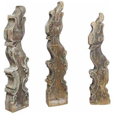 Set of Three Historical Dragon Head Wood Beams