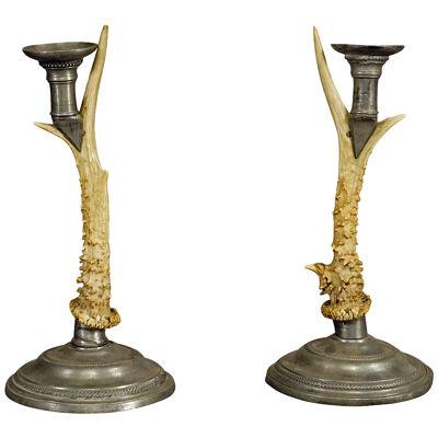 A Pair Black Forest Candle Holders with Pewter Base and Spout, Germany ca. 1860s