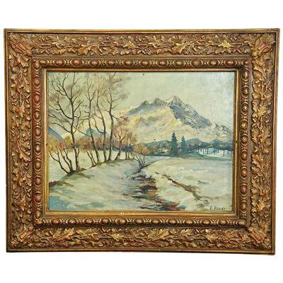 B. Bauer - Oil Painting Alpine Winter Landscape early 20th century 