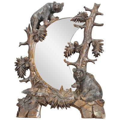 Antique Black Forest Mirror with Rustic Bear Carvings ca. 1900