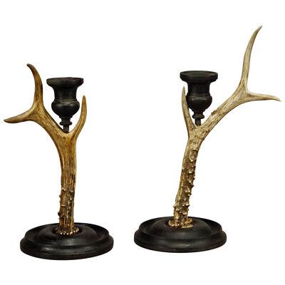 Pair Vintage Black Forest Candle Holders with Wooden Base and Spout ca. 1930s 