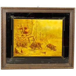 Antique Print with Humoristic Scene featuring Wild Boars and a Painter