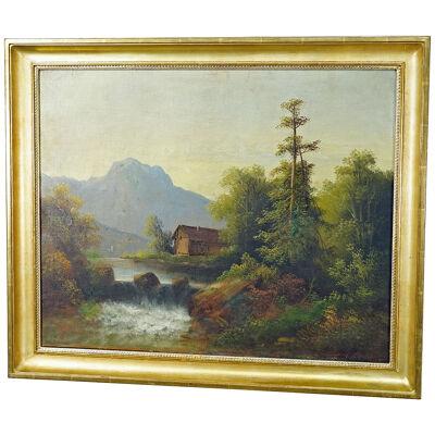 Painting Summerly Mountain Landscape with Water Fall and Mountain Hut ca. 1900