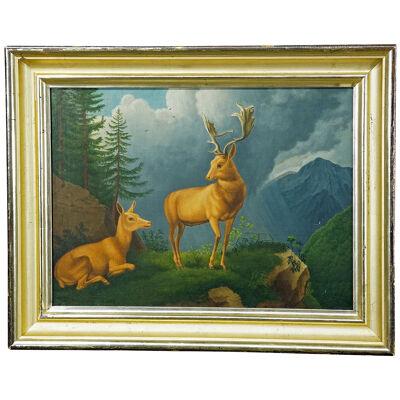 Antique Painting Fallow Deer with Doe in the Alps, Oil on Canvas 19th century