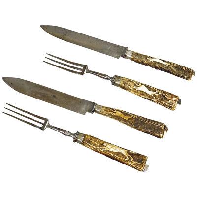 Antique Set of Rustic Hunters Cutlery with Carved Deer Horn Handles 