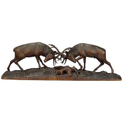 Outstanding Wooden Carved Fighting Stags by K. Bach 1946
