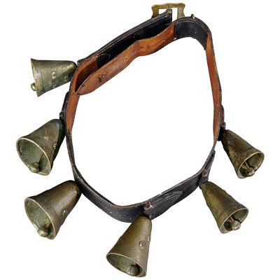 Antique Leather Strap with Six Casted Cattle Bells, Switzerland ca. 1900s 