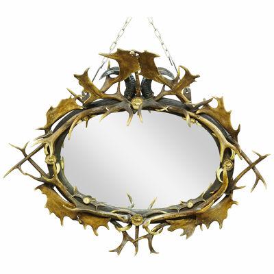Antique Black Forest Mirror with Rustic Antler Decorations ca. 1900