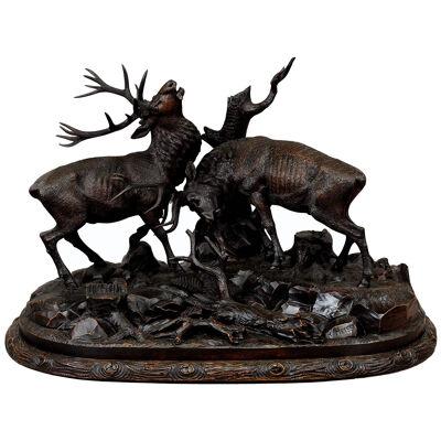 Grandiose Carved Wood Fighting Stags by Rudolph Heissl