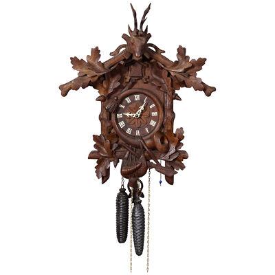 Antique Black Forest Carved Cuckoo Clock with Stag Head on Top