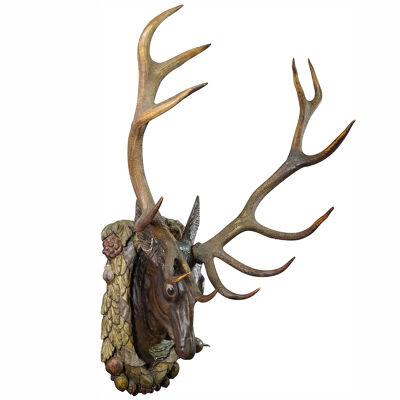 Large Antique Wooden Carved Black Forest Baroque Stag Head
