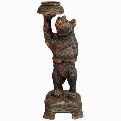 Large Wooden Black Forest Bear Flower Stand, Handcarved in Brienz 1900s