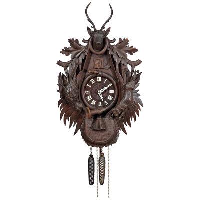 Large Antique Black Forest Carved Cuckoo Clock with Stag Head