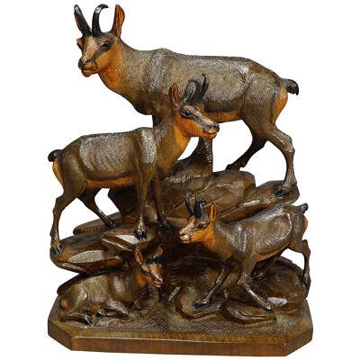 Fine Carved Wood Chamois Family by Ernst Heissl ca. 1900