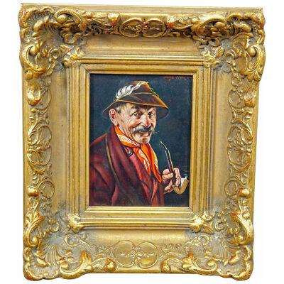 Inge Woelfle - Portrait of a Bavarian Folksy Man with Pipe, Oil on Wood