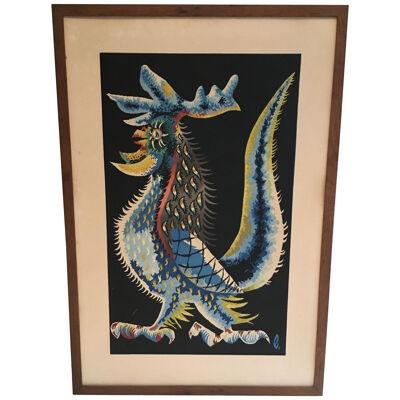 Rooster Printing. French Work Signed by Jean Lurçat. Circa 1970