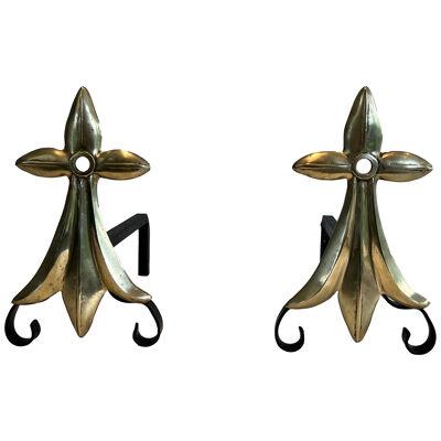 Pair of Art & Crafts Ermine Tail Bronze Andirons