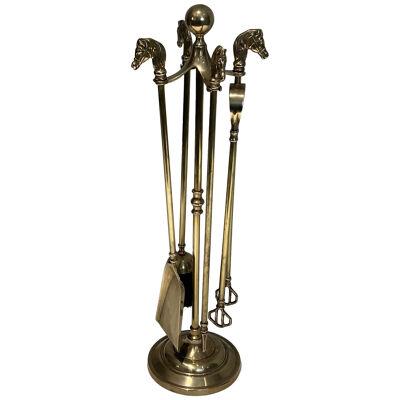 Neoclassical Style Brass Horseheads Fireplace Tools