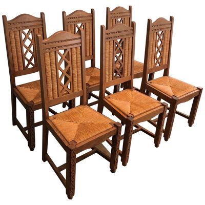Set of 6 Wood and Rattan Chairs.