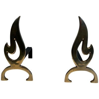 Pair of Flame Brass Andirons
