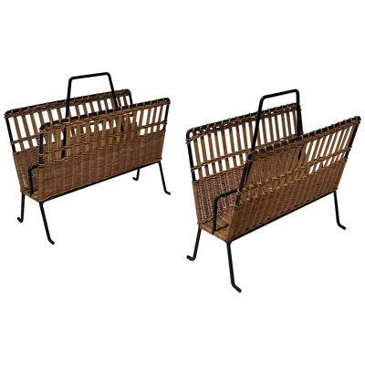 Pair of Rattan and Black Lacquered Magazine Rack