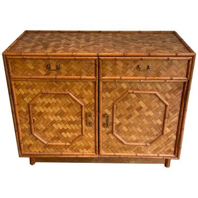 Straw and Bamboo Marquetry Chest of Drawers with Chinese Brass Handles, Italian