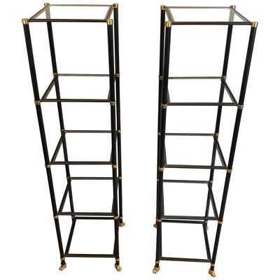 Pair of shelves in black lacquered metal with bronze claw feet by Guy Lefèvre