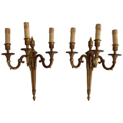 Pair of Louis the 16th Style 3 Arms Bronze Wall Lights by Lucien Gau