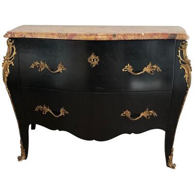 Curved Ebonized Chest of Drawers with Bronze Elements Stamped De Beyne Roubaix