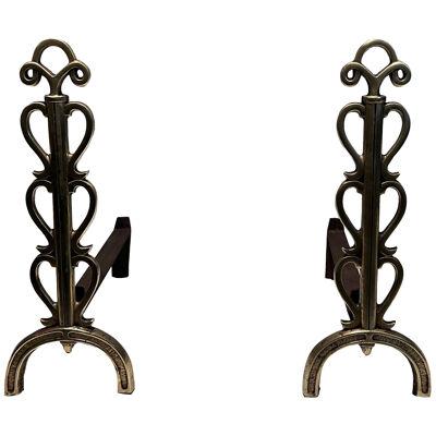 Pair of Brass Andirons in the Style of Raymond Subes