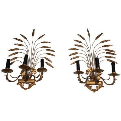 Pair of Gilded Wheat Wall Sconces In the Style Of Coco Channel