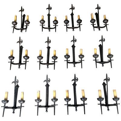 Rare Set of 12 Large Wrought Iron Castle Wall Lights, Circa 1940