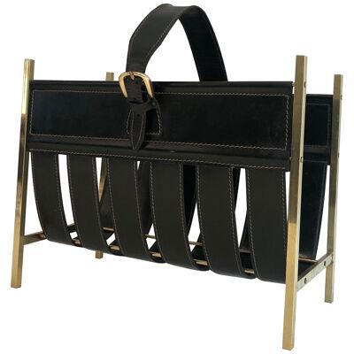 Hand-Bag Brass and Leather Magazine Rack by Jacques Adnet, circa 1940